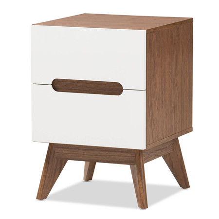 BAXTON STUDIO Calypso Mid-Century White and Walnut Wood 2-Drawer Storage Nightstand 137-7504